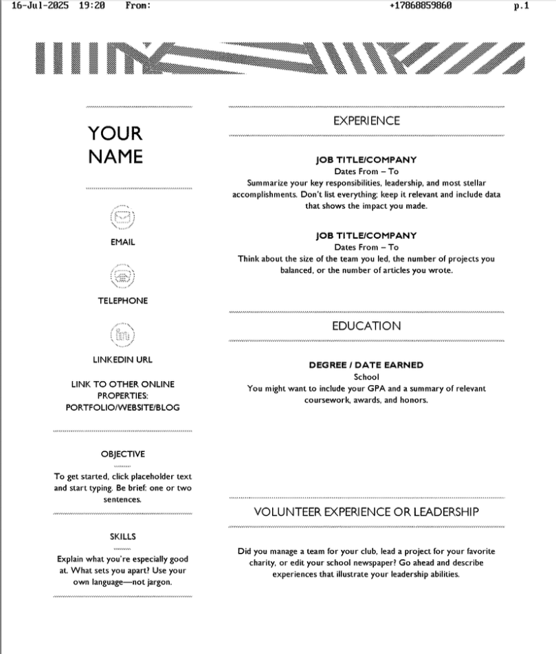 The same PDF resume template showing as it looks when received by fax (black and white).