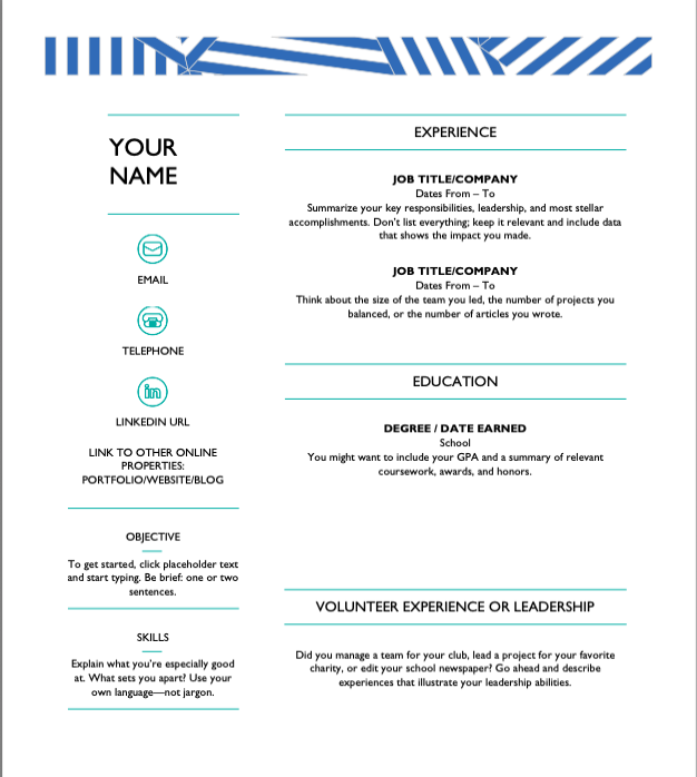 A PDF of a resume template before (shown in full color).