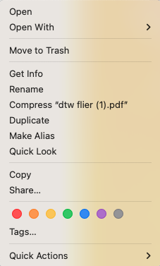 Right click on a Mac showing options that include Open, Duplicate and Copy.