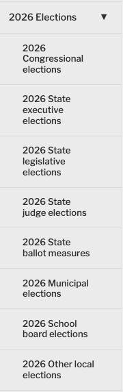 A menu example from 2026 on Ballotpedia showing the elections available. 