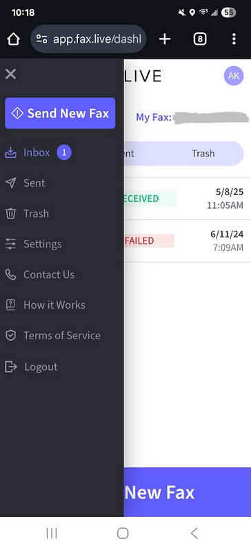 Fax.live dashboard menu and the Send new fax button.
