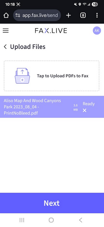 Fax.live on an Android phone showing the place to upload files to fax.