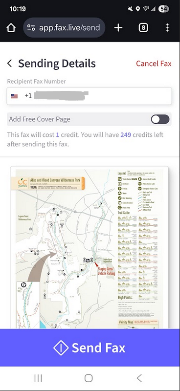 A preview of fax.live through an Anrdoid showing what the fax will look like and the send fax button.
