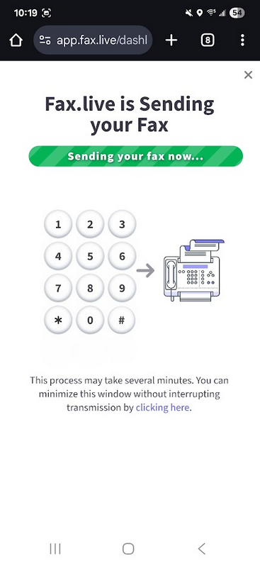 Android phone showing that fax.live is sending the sender's fax now.
