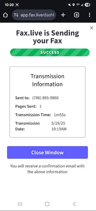 Fax.live confirmation from an Android phone that a fax has been sent.