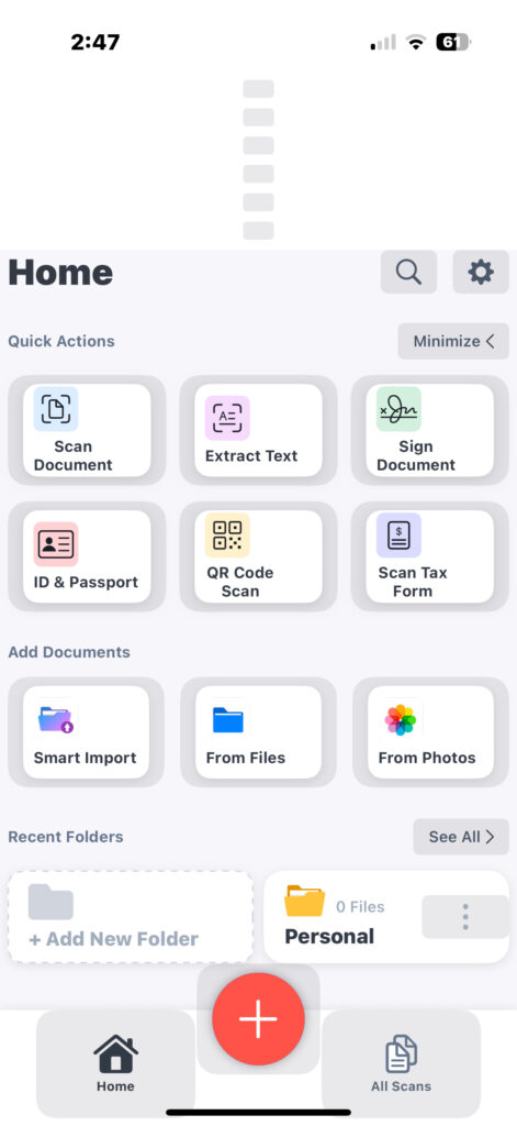 The home screen of DocScan shows icons to send document, extract text, sign document and more features.