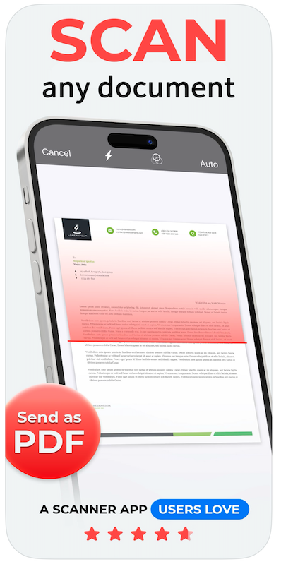A screenshot of DocScan with the words SCAN any document, send as a PDF and a scanner app users love with five stars rated.
