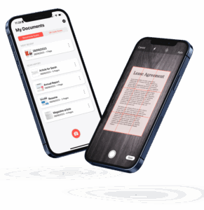Two iPhones with the DocScan app visible.