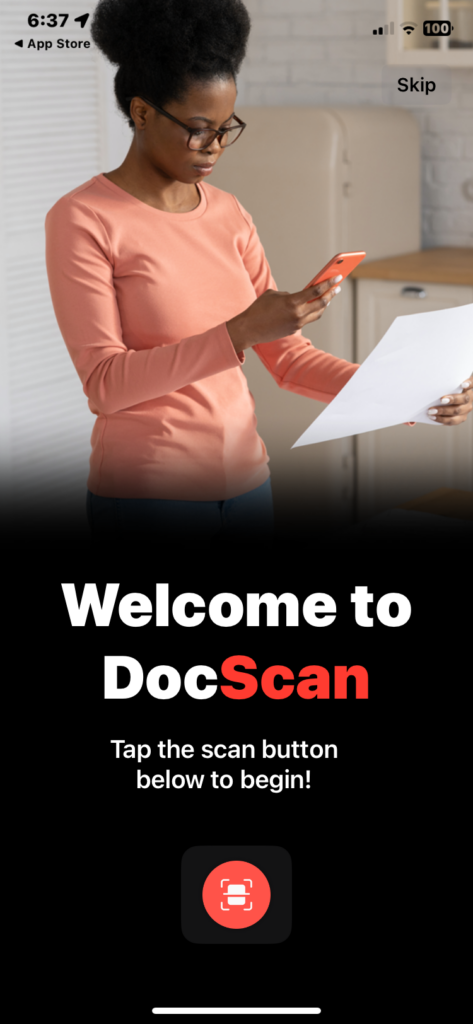 DocScan home screen. This is what you'll see the first time you open the app.