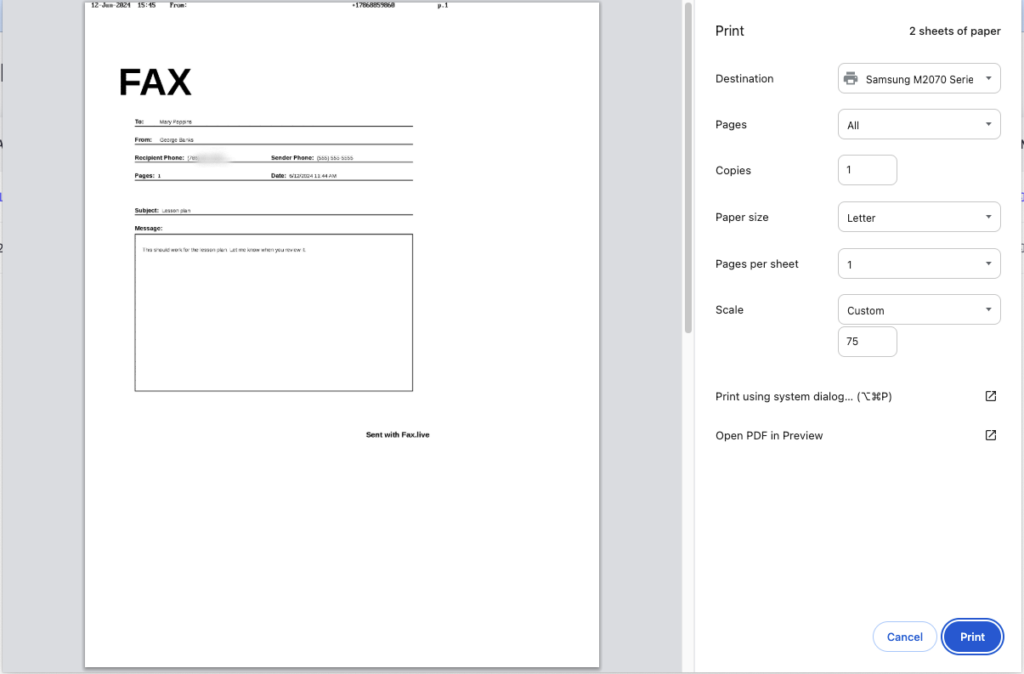 step 2 select the fax document and complete the optional cover sheet