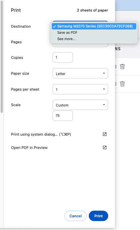 step 3 select save as pdf or find your printer in the list. in this example, the printer is a samsung m2070 series