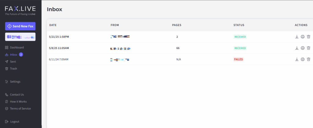 The Fax.Live dashboard showing the inbox with three faxes. Two show received and one shows failed.