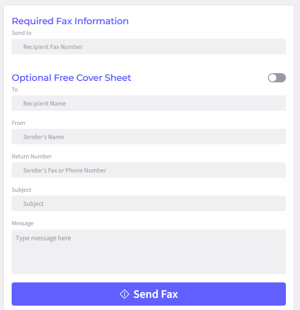 Fax.live's online form for sending faxes with an optional free cover sheet.