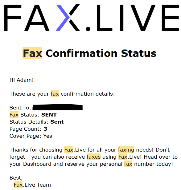Fax.live confirmation status showing that the fax was sent, how many pages.