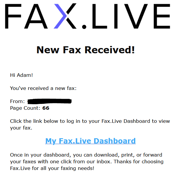 Email notification showing fax.live recipient has received a new fax.