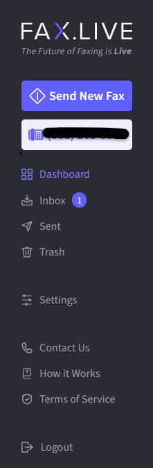 The fax.live dashboard shows that the recipient has received 1 fax.