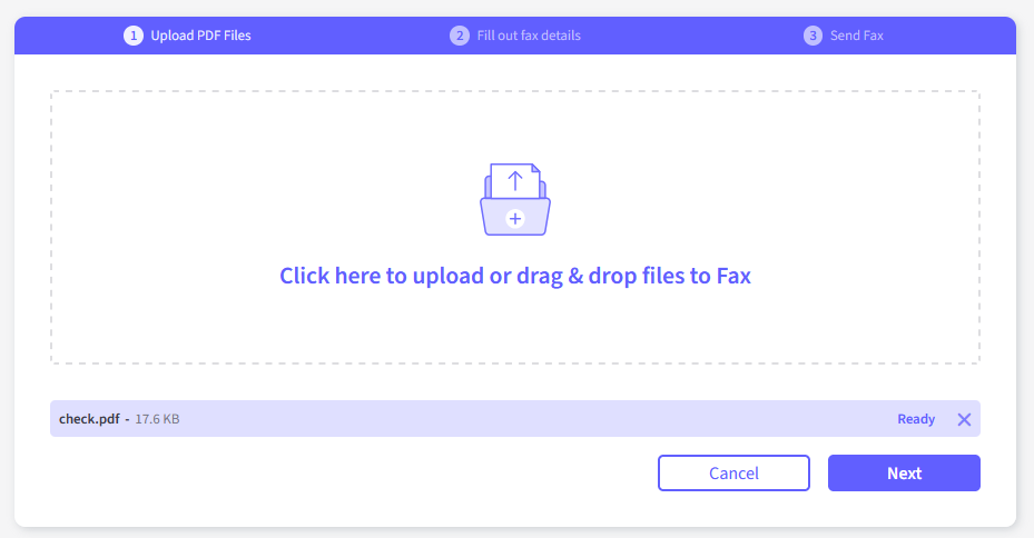 The Fax.live app shows the message click here to upload or drag and drop files to fax. The next button is selected.