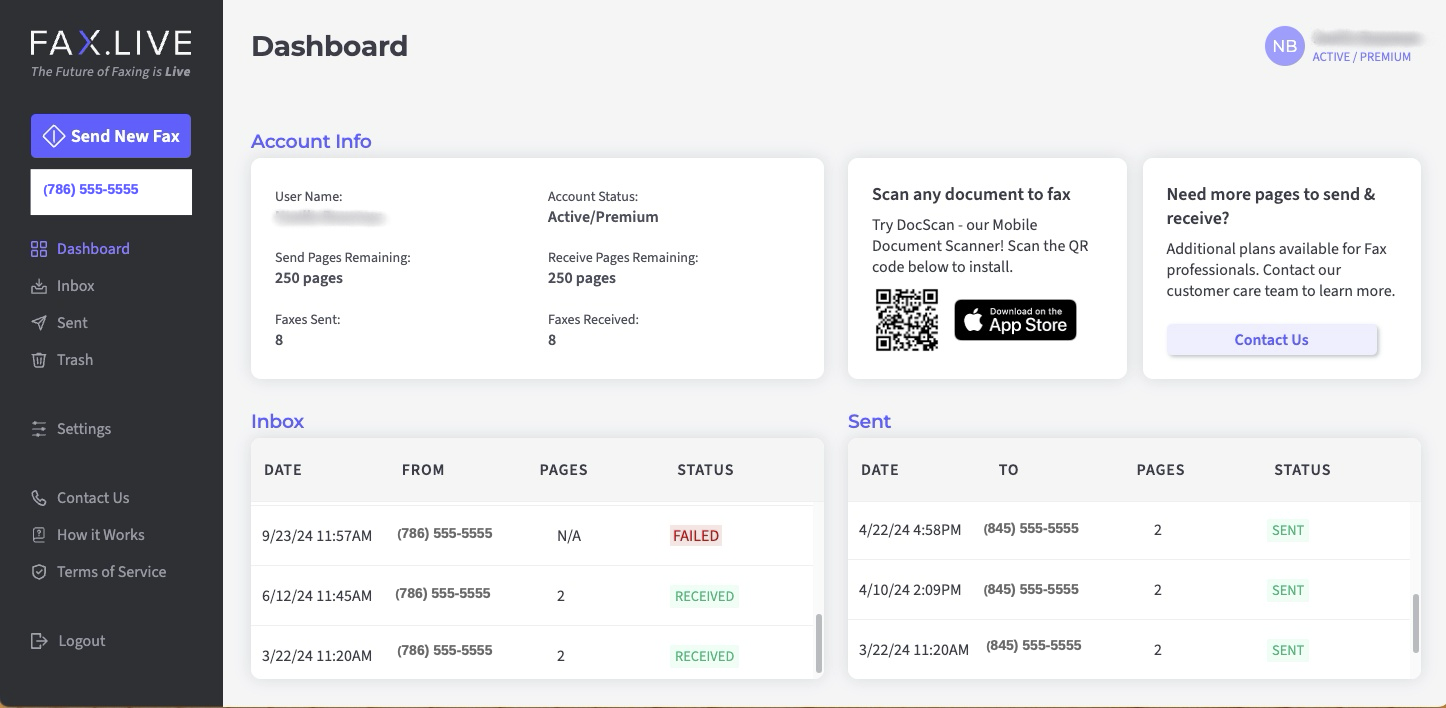 A redacted dashboard for fax.live shows user account info, inbox and sent box.