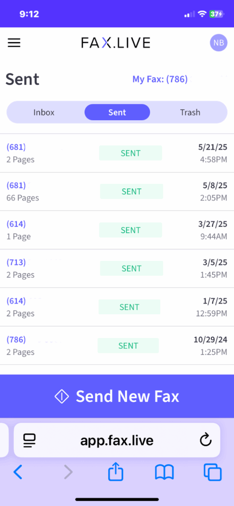 The fax.live site on an iphone shows the sender's phone starts with area code 786 and the dashboard showing all sent and received faxes.
