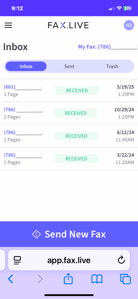 Image of the Faxlive app interface, showing how to send a fax from a mobile phone.