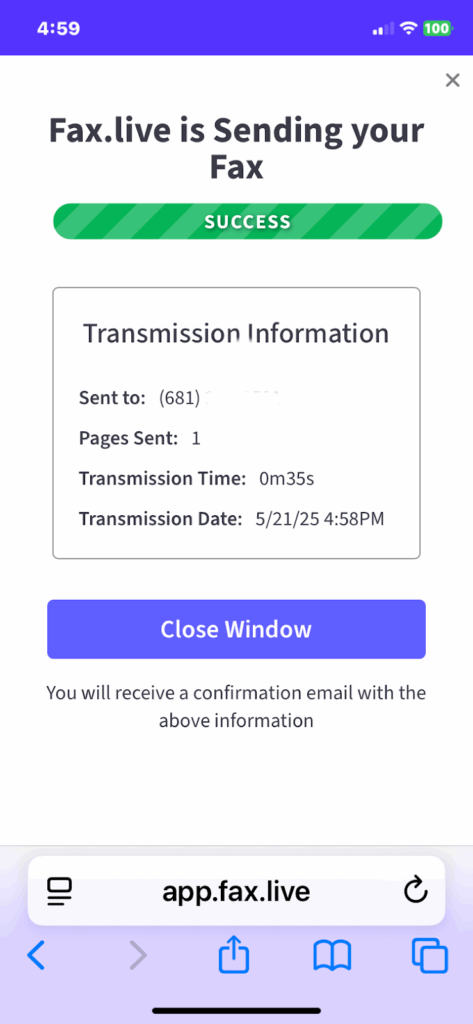 A success message shows that Fax.Live's transmission has gone through, including sent to phone number, number o fpages, transmission time and date.
