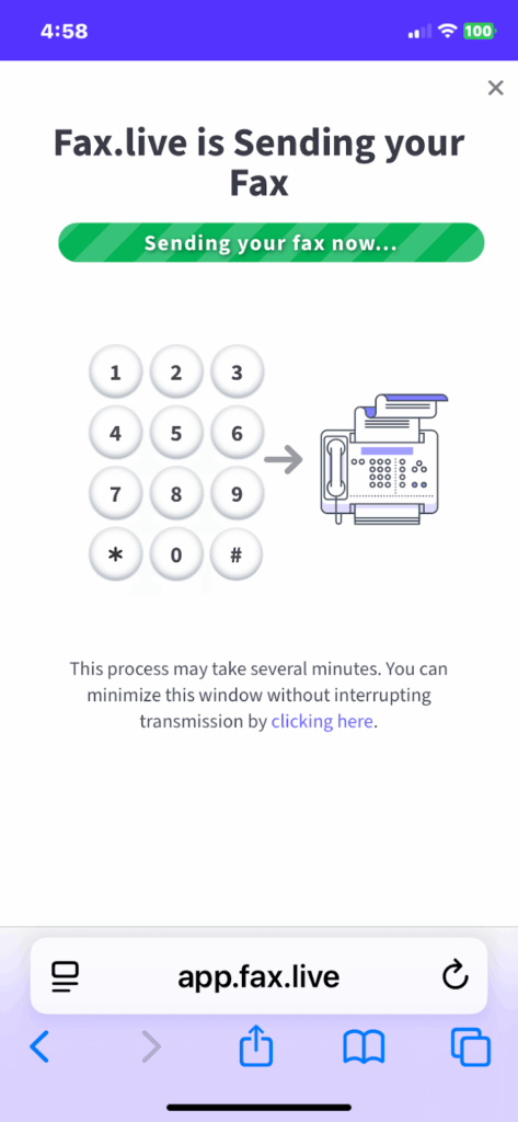 An illustration shows a keypad with an arrow pointing to a fax machine. Fax Live is actively sending your fax.