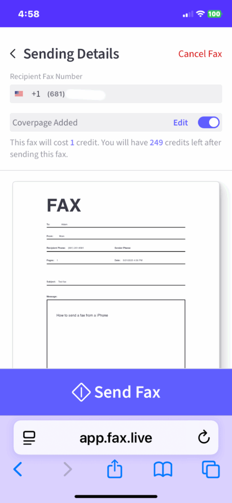 Image of a smartphone displaying a fax app, illustrating how to send a fax to your fax number from your phone.