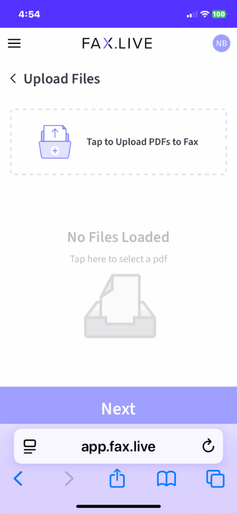 Fax.live's upload function in an iphone instructs tap to upload PDFs to fax.