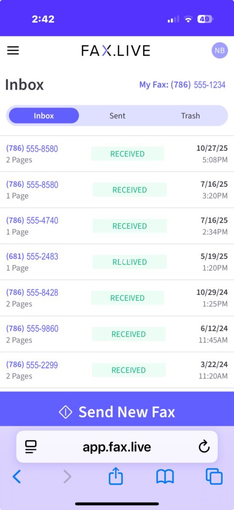 The fax.live inbox on a smartphone showing seven received faxes between March 2024 and October 2025.