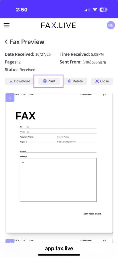 The fax dot live fax preview page showing the cover sheet for a received fax.