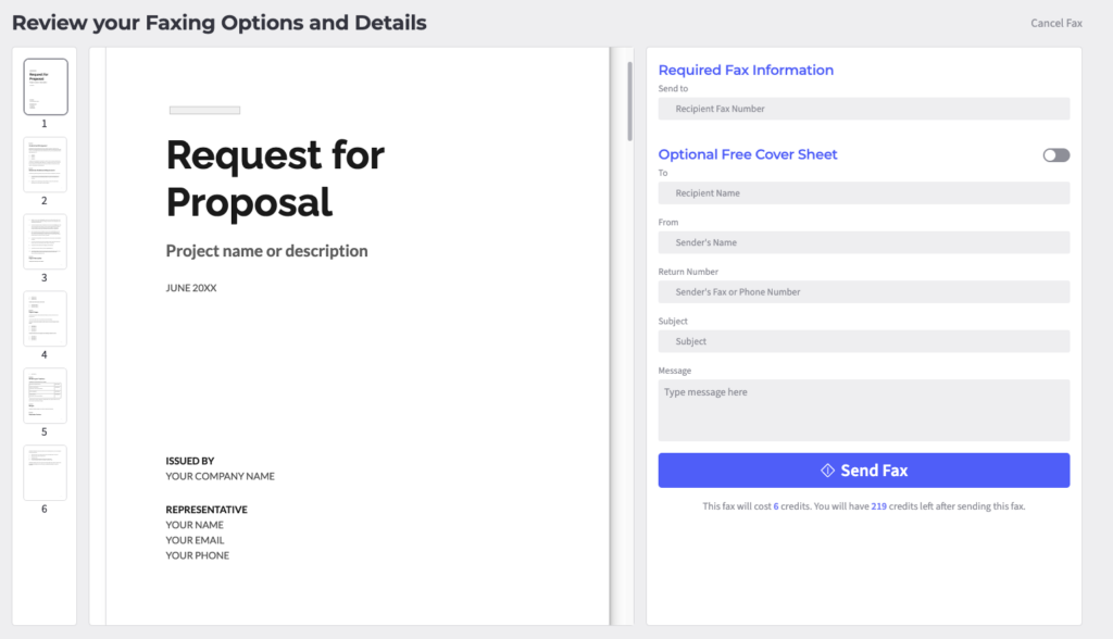 An uploaded fax "request for proposal" is to the left of the optional free cover sheet form.