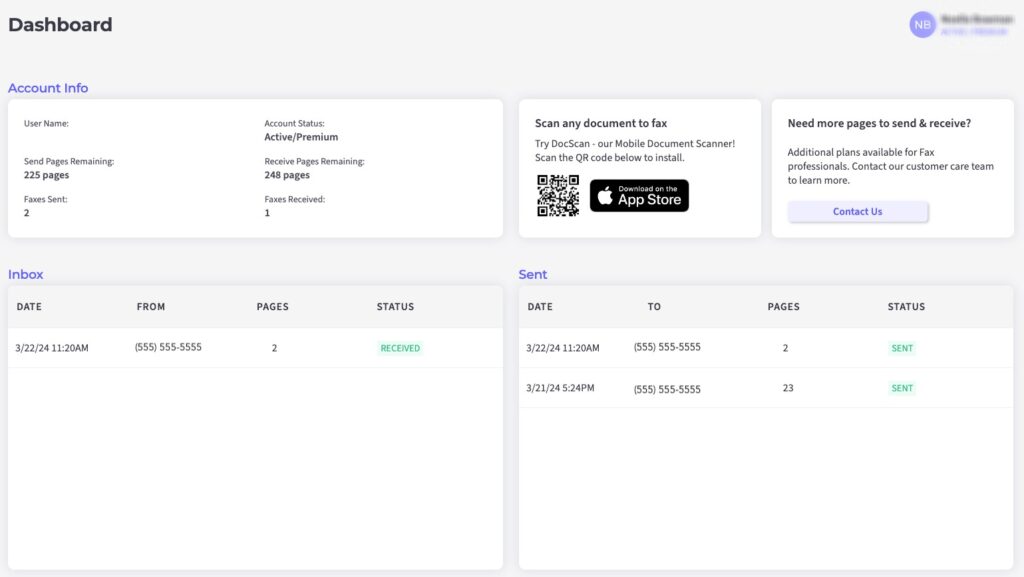 User dashboard for Fax.Live showing account status, inbox, sent faxes and a doc scan QR code.