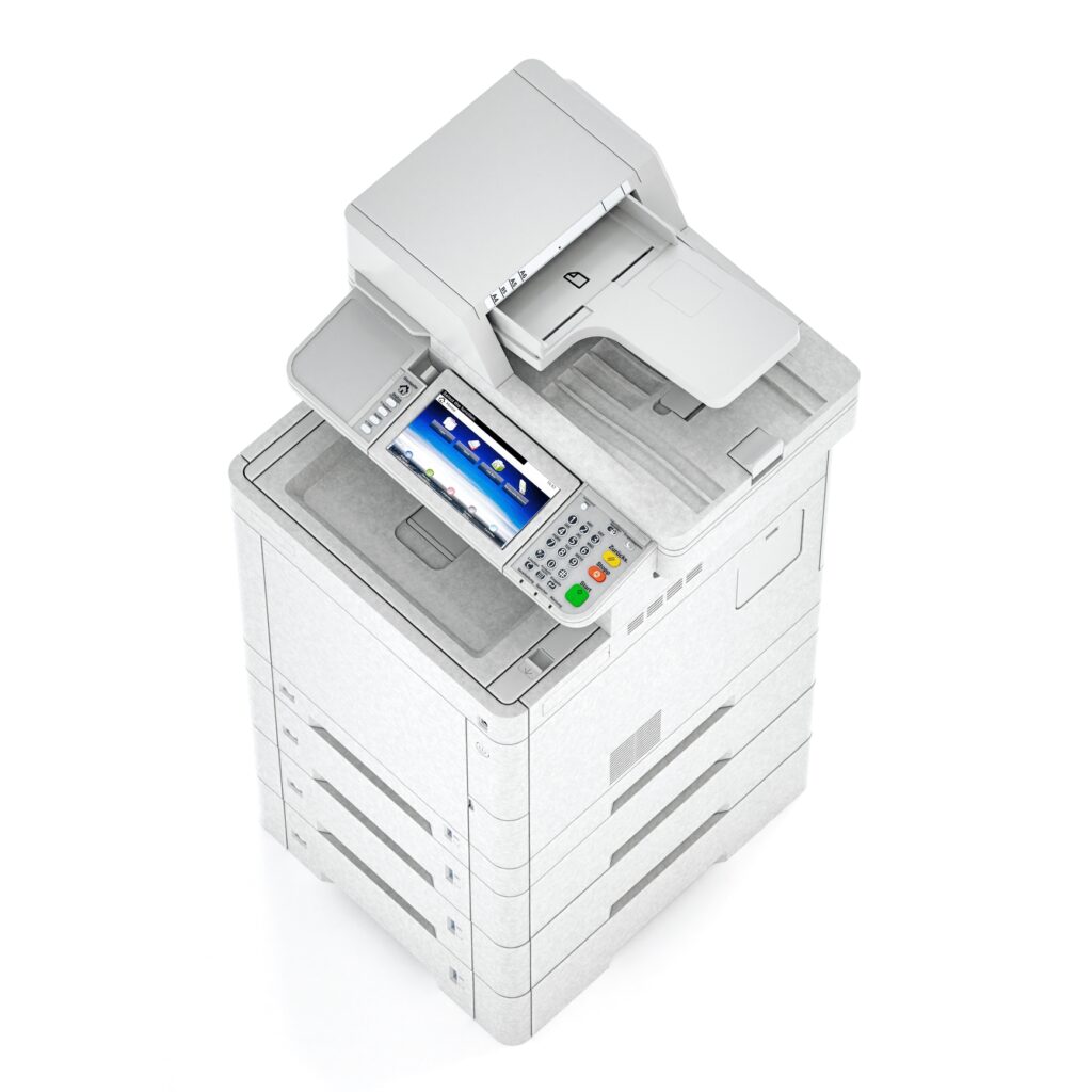 A typical office combination fax machine, copier and printer on a white background.