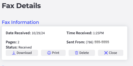 Fax details showing a fax received on 10/29/2025 at 1:25 pm on the fax dot live reporting dashboard.
