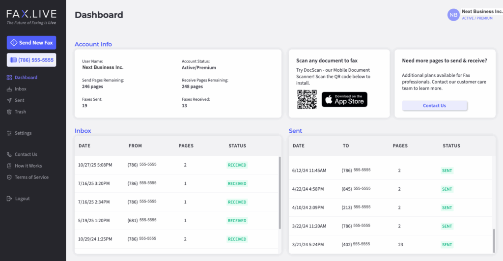 Fax dot live reporting dashboard shows the inbox with several received faxes and several sent faxes.