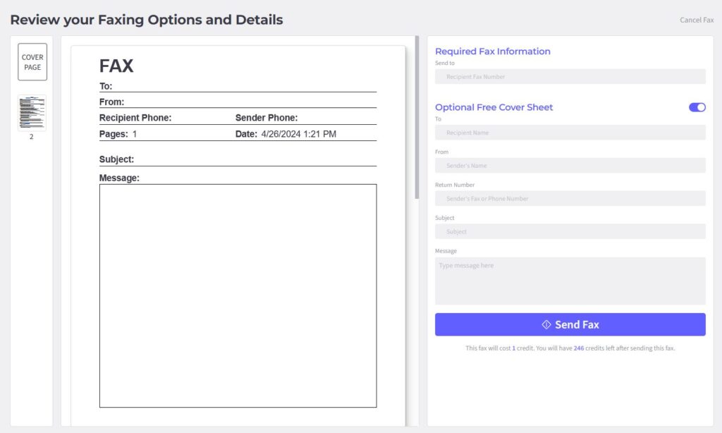 Toggle the online button to include a free fax cover sheet. 