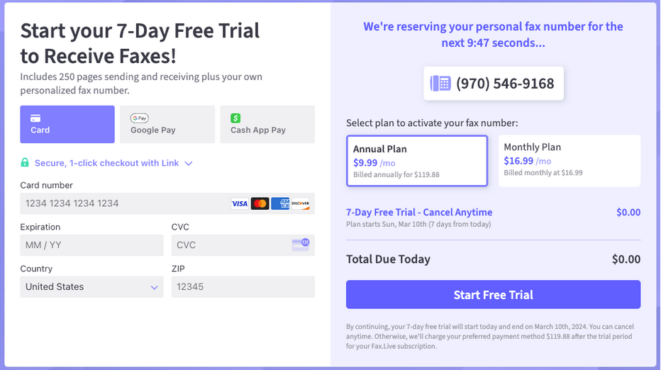 Fax.Live will start your 7 day free trial. Complete the information, including your credit card number. If you cancel within 7 days, your card will not be charged. 