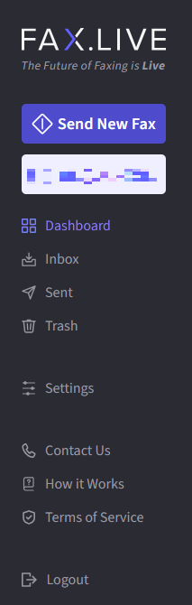 Fax.Live's Send new fax menus shows options for dashboard, inbox, sent, trash and settings