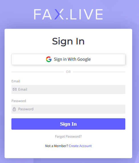 The Fax.Live login page shows the option to use Google to sign in or use email and password.