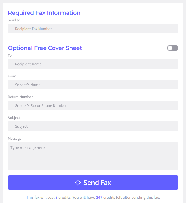 This is the fill form where you enter the recipient's fax number and an optional (free) cover sheet.