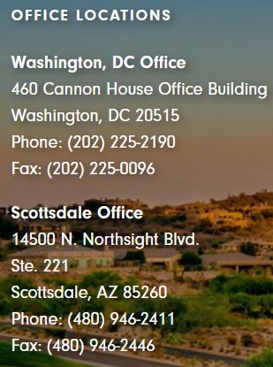 An example of office locations for a congressperson for their washington dc location and their local scottsdale arizona location