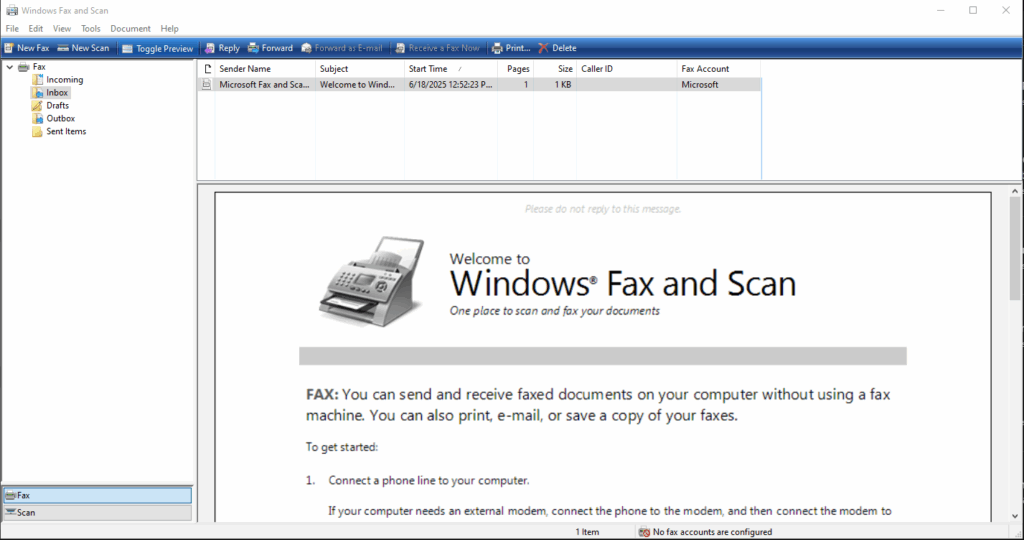 A Windows PC show the message Welcome to Windows Fax and Scan.