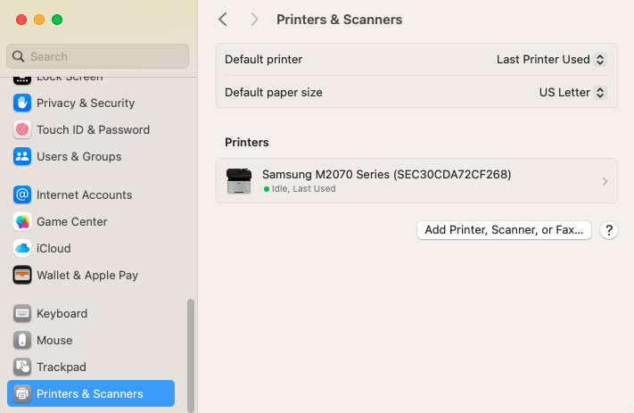 A Mac computer's Printers and Scanners settings showing an example of a Samsung printer connection.