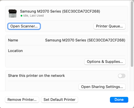 A Mac computer desktop with the Samsung printer selected for an example and the Open Scanner button selected.