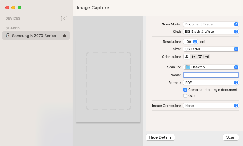 The Mac Image Capture app is open showing the document feeder selected.