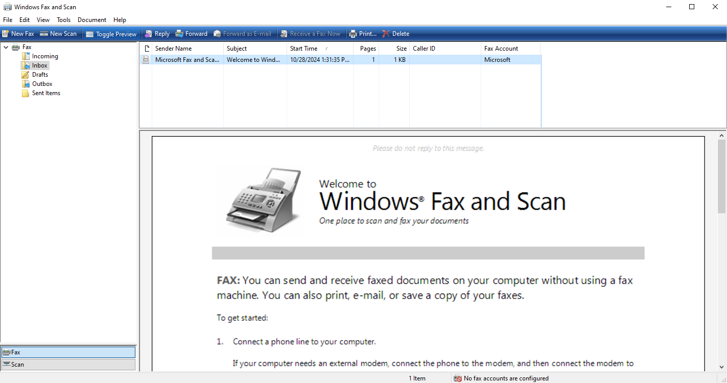 Click the Windows Fax and Scan and you'll see a welcome message