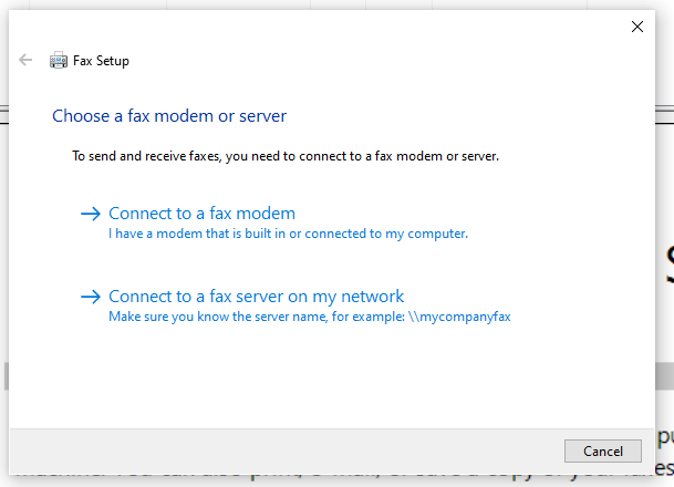 From Windows Fax & Scan, choose a fax modem or server