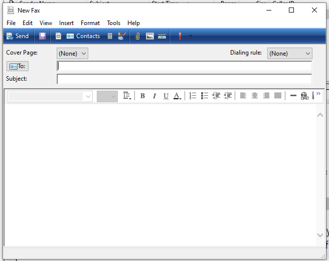 From Windows Fax & Scan, complete your to, from, subject and message. The screen looks similar to an email message. 