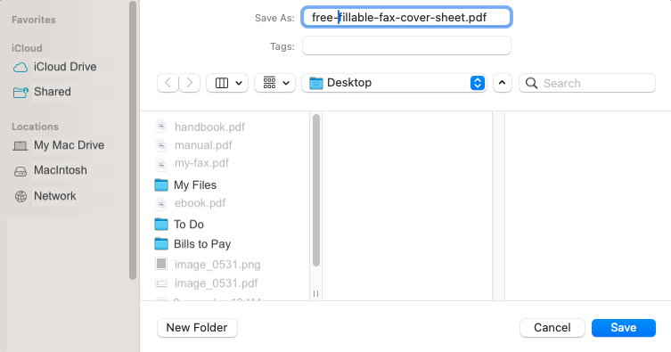 In this example, the user is saving a file called free-fillable-fax-cover-sheet.pdf on a Mac device on the Desktop.