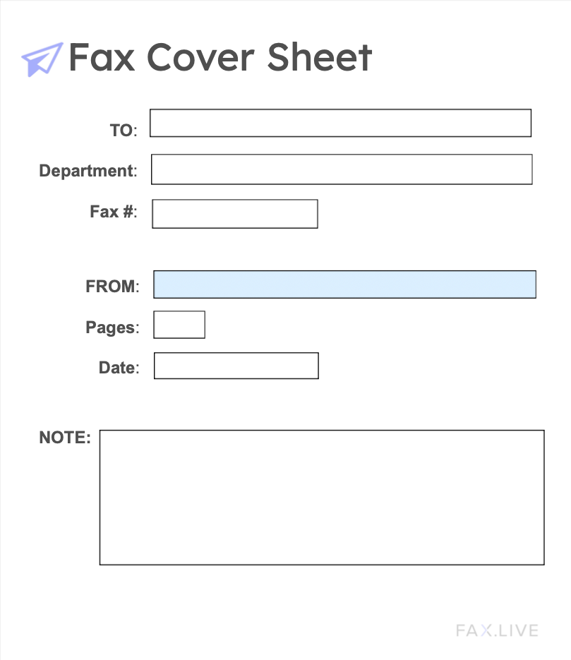 The FROM box on the example fillable fax cover sheet is blue, indicating it is editable. 